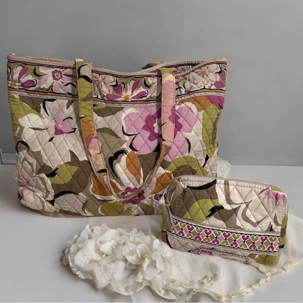 Vera Bradley Set Portobello Road Pink Floral Quilted Tote & Lined Cosmetic Pouch